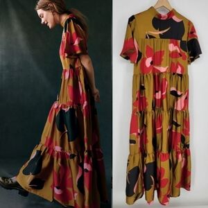 Corey Lynn Calter Anthropologie tiered maxi dress gianna medium bronze black red